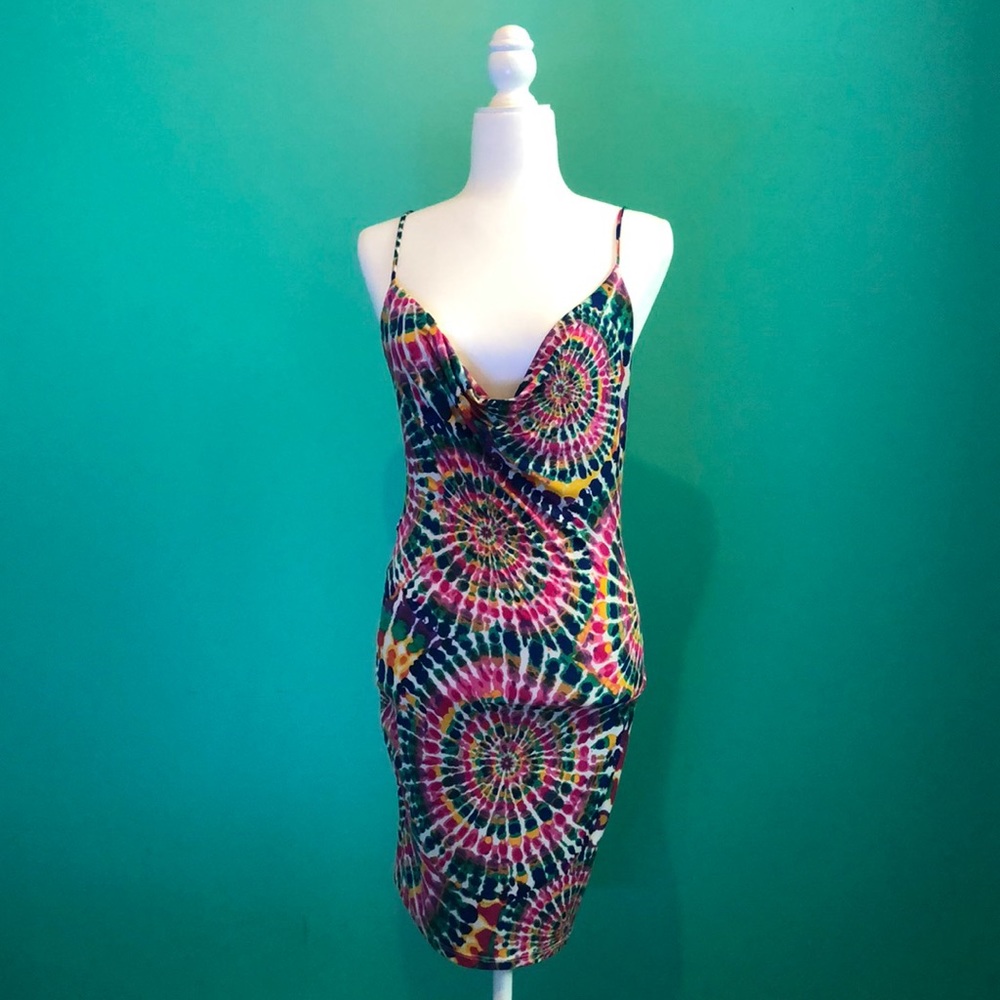 Cowl Neck Tie Dye Print Tie Back Mini Dress